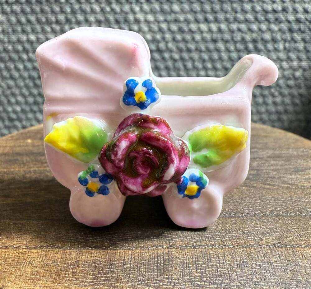 Occupied Japan Pink Baby Carriage Stroller Buggy Mini Figurine Trinket 2" Wide